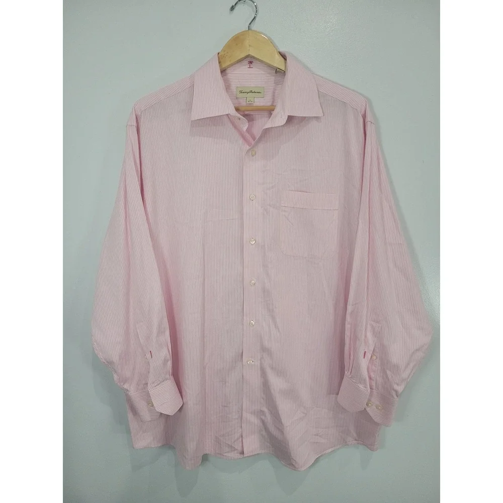 Tommy Bahama Mens Pink White Striped Cotton Button Down Shirt 17 32-33‎ Large